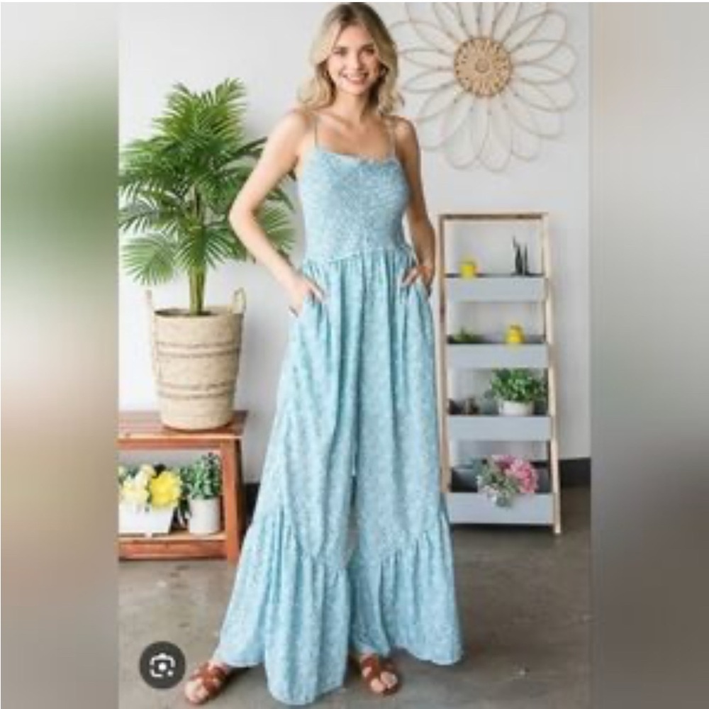OLI &‎ HALI Jumpsuit Large Boho Floral Wide Leg W/Tiered Ruffle Hem Smocked Bust